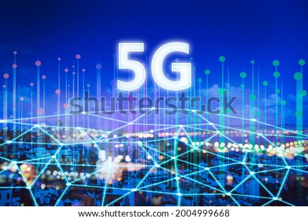 5G network wireless system. Beautiful cityscape and network connection lines 