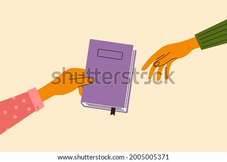 Books swap, exchange or crossing. Reading party, school literature event. Man or woman hand gives book to friend. Read books lovers. College education. Bookworm, bookstore, library vector illustration