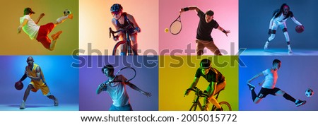 Basketball, soccer, tennis and cycling. Collage of different professional male and female sportsmen in action at studio on multicolored background in neon. Flyer for ad. Motion, action, sport concept Royalty-Free Stock Photo #2005015772