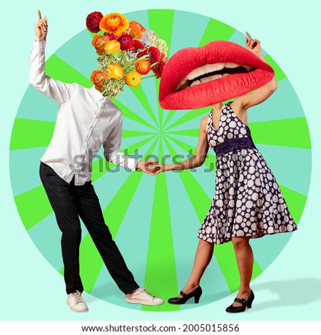 Date. Contemporary art collage, modern design. Summer mood. Couple of dancers headed with flowers and female lips dancing on bright abstract background. Party time, fun mood.