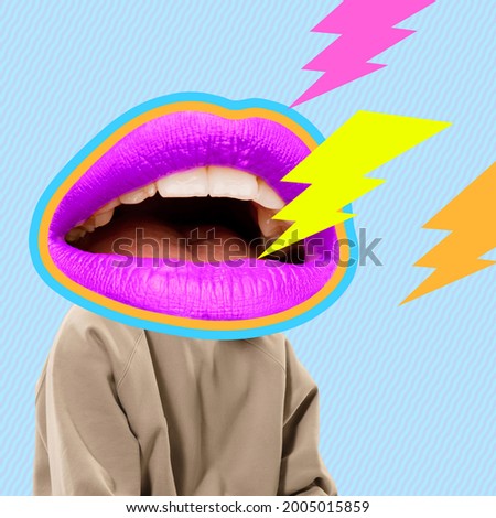 Colored lightnings. Contemporary art collage, modern design. Younf man in stylish youth clothes headed of female mouth, lips isolated on bright abstract background. Party time, funny mood.