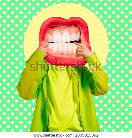 Contemporary art collage, modern design. Younf man in stylish youth clothes headed of female mouth, lips isolated on bright abstract background. Party time, funny mood. Zine magazine style Royalty-Free Stock Photo #2005015862