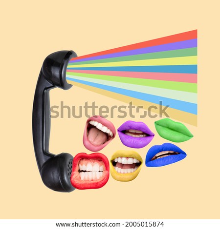 Retro call. Modern design, contemporary art collage. Inspiration, idea, trendy urban magazine style. Negative space to insert your text or ad. Composition with female lips isolated on pastel