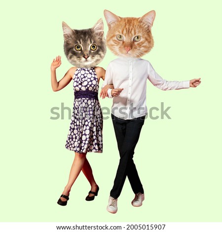 Couple headed with cat heads dancing isolated over light background. Modern design, contemporary art collage. Inspiration, idea, trendy urban magazine style. Copy space for text or ad. Surrealism.
