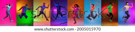 Portraits of different models on multicolored background in neon light. Flyer, collage made of models. Concept of emotions, facial expression, sales, advertising. Jumping high, flying, dancing.