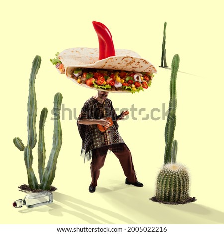 Creative collage. Young Mexican man in hat of tacos playing ukulele and drinking tequila in thickets of cacti in desert, sands. Concept of humor, national cuisine, culture, food. Cinco de mayo holiday