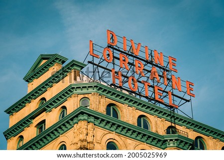Divine Lorraine Hotel sign, in Philadelphia, Pennsylvania
