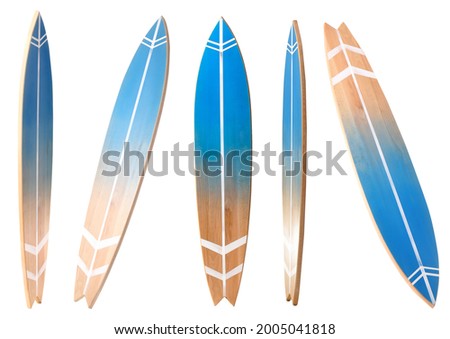 Different view of wooden surfboard on white background Royalty-Free Stock Photo #2005041818