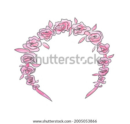 Decoration Headband with pink Roses for Ballet dancer. Hair Hoop. Cartoon watercolor hand drawn illustration of hair accessory