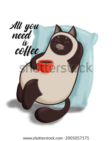 siamese cat resting with a cup of coffee