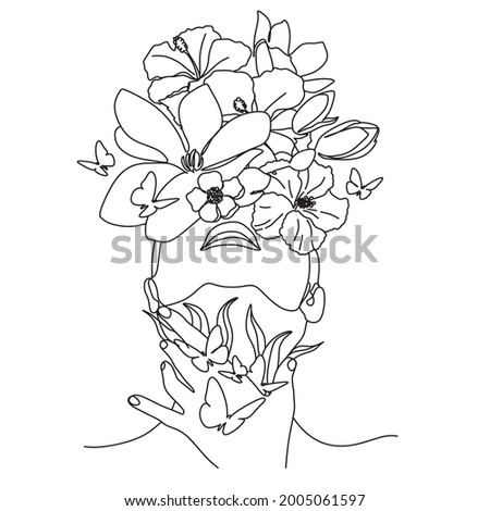 Woman face with flowers and butterflies. Surreal Line art floral head. Abstract face with plants  line drawing. Portrait in minimalistic style. Botanical print. Nature cosmetics  logo
