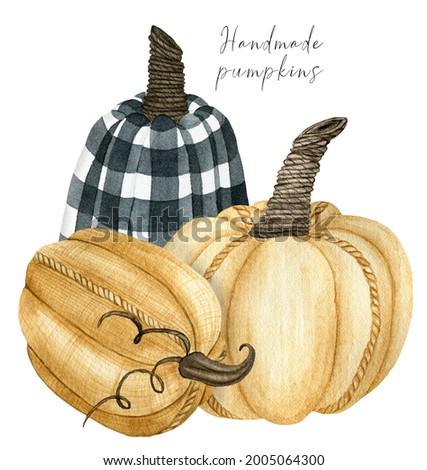 Fall pumpkin arrangement clipart, fabric handmade checkered pumpkin illustration for thanksgiving decor, autumn harvest clip art composition
