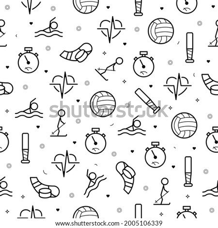 Seamless PAttern Doodle Drawn Collection Sport Ball Heart Stopwatch Bit Swimmer Hockey Stick Skier Sketch Vector Design Style Background Healthy Lifestyle Fitness Illustration Icons