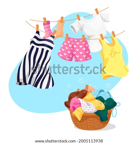 Colorful washed clothes hanged on rope outdoor and lying in straw basket after cleaning vector flat illustration. Daily housework or laundry drying wet clothing at summer day isolated on white Royalty-Free Stock Photo #2005113938