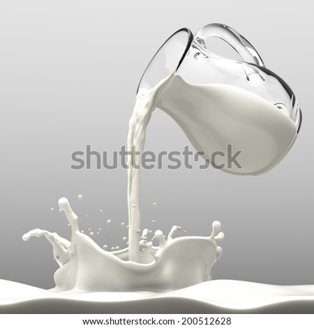 Pouring Milk from a transparent bottle to a wavy milk pool. Top lighting with good reflection on bottle body and milk. Neutral tone background environment.  Royalty-Free Stock Photo #200512628