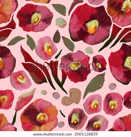 Colorful seamless vector pattern with abstract wild flowers and plants. Colored hand drawn decorative poppies on pink background. Floral vector texture, print.