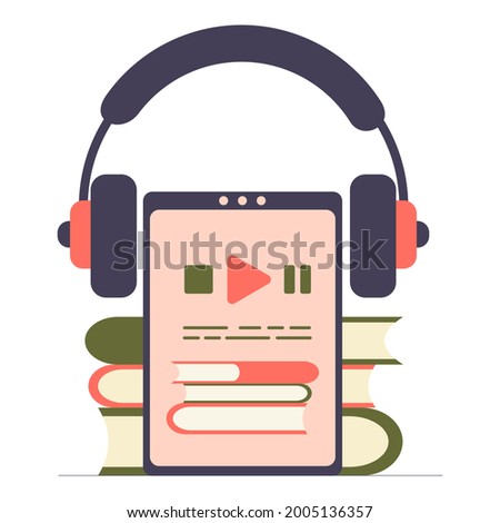 Screen of tablet or smartphone with books and headphones. Concept of an electronic library, distance learning, education. Logo of digital online books application. Vector illustration