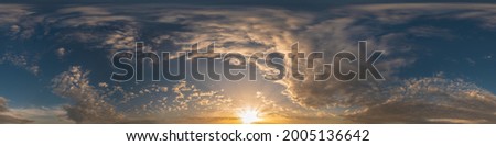 Dark blue sunset sky pano with Cumulus clouds. Seamless hdr panorama in spherical equirectangular format. Complete zenith for 3D visualization, game and sky replacement for aerial drone 360 panoramas. Royalty-Free Stock Photo #2005136642