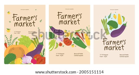 Farmers market poster design set. Fresh local vegetables in trendy flyers for food festival. Promo concept for veggie farm bazaar. Royalty-Free Stock Photo #2005151114
