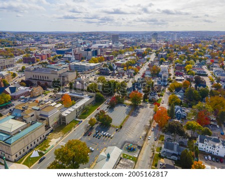 Aerial view of historic downtown Worcester with fall foliage in city of Worcester, Massachusetts MA, USA. 