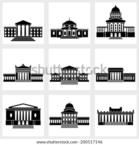 Icons of buildings with columns on a white background