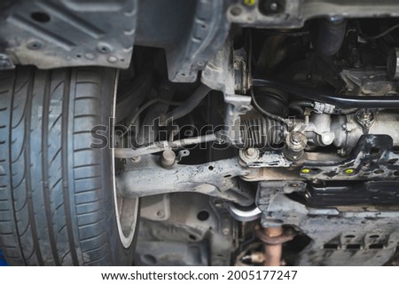 Close-up of rack and pinion steering in modern vehicles. Royalty-Free Stock Photo #2005177247