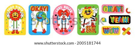 Funny cartoon characters. Sticker pack, posters, prints. Vector illustration of flower, Earth, heart, sun and words. Set of comic elements in trendy retro cartoon style. Royalty-Free Stock Photo #2005181744
