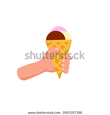Ice cream in hand. Sweet cold dessert. Balls in waffle cone. Flat cartoon illsutration isolated on white