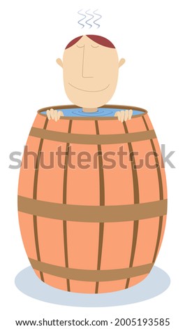 Man sits in the wooden cask filled up with water illustration.
Man gets a pleasure from bathing in the big wooden tun with water isolated on white
