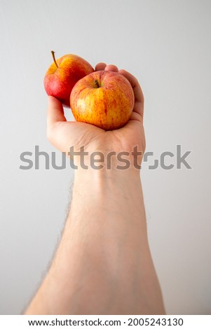 Vertical picture of a hand handing over two raw apples.