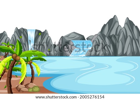 Nature landscape at daytime scene with waterfall  illustration