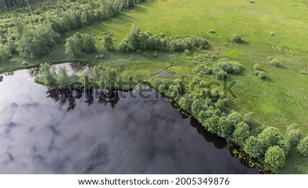 Green deciduous trees and a pond. Aerial, drone photography from above taken in Sweden in summer time. Water surface background with copy space and place for text.
