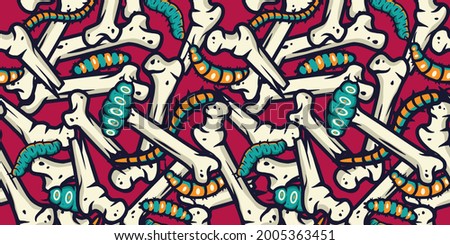 Seamless pattern wallpaper with illustrations of caterpillar, maggots worms and bones for halloween design. Scary insect larvae. October party banner, poster or postcard