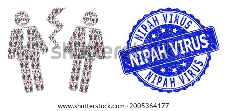 Nipah Virus textured round stamp seal and vector recursive mosaic businessmen conflict. Blue stamp seal contains Nipah Virus tag inside round shape.