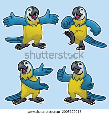 set cartoon of funny blue and gold macaw bird
