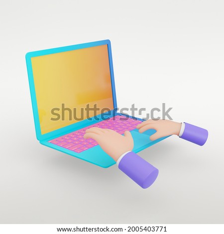 3D rendering object. Colorful blue laptop with yellow screen and pink keyboard with hands operation isolated white background. Clipping path image.
