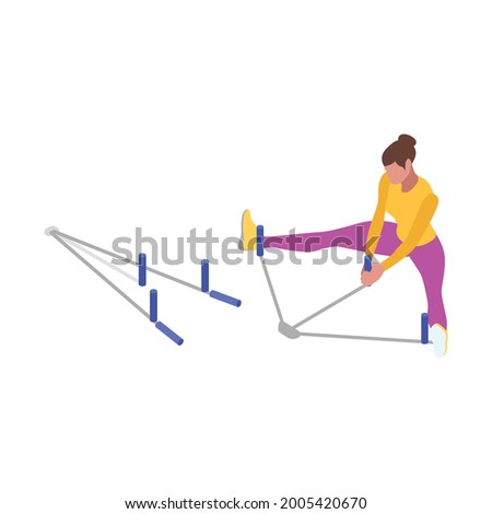 Fitness isometric icon with woman stretching legs with sport equipment isolated vector illustration