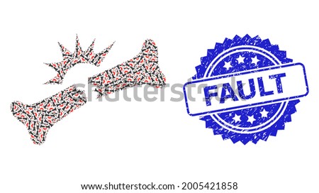Fault scratched stamp seal and vector recursion mosaic bone fracture. Blue stamp seal contains Fault text inside rosette. Vector collage is constructed of randomized rotated bone fracture items.