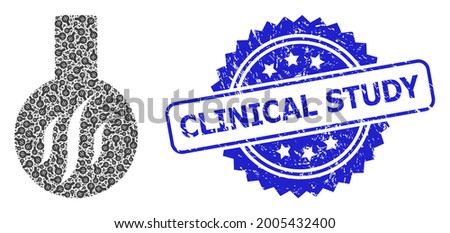 Clinical Study textured stamp seal and vector recursive collage chemical aroma. Blue stamp seal has Clinical Study title inside rosette.