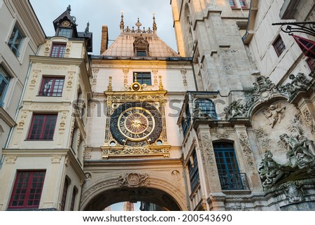 Famous Gros Horloge (Great Clock) street with astronomical clock tower, Rouen Royalty-Free Stock Photo #200543690