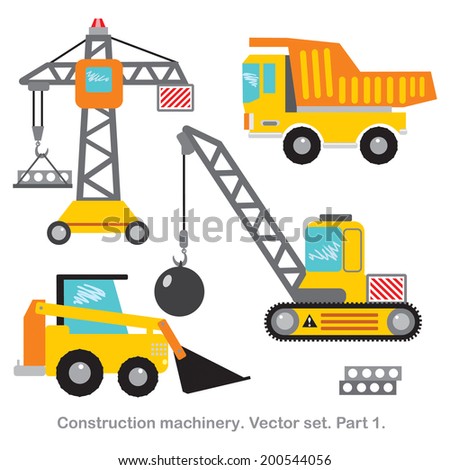 Vector set clip art construction machinery.Part 1.Tower crane,dumper, crawler crane,bulldozer.