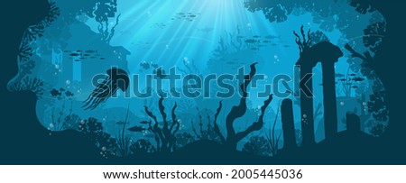 Underwater background with various sea views. Underwater scene. Cute sea fishes ocean underwater animals. Undersea bottom with corals seaweeds kids cartoon vector concept Royalty-Free Stock Photo #2005445036