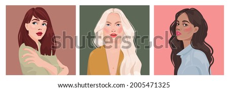 Set of portraits of women of different gender and age. Diversity. Vector flat illustration. Avatar for a social network.  Vector flat illustration Royalty-Free Stock Photo #2005471325