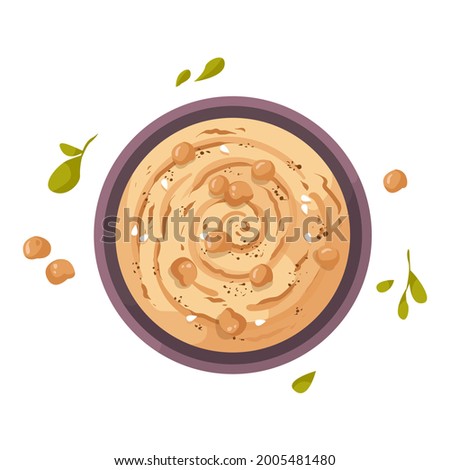 A plate of hummus, a traditional food in India made from chickpeas. Healthy vegetarian breakfast with chickpeas. International hummus day vector illustration. Traditional arabic food Royalty-Free Stock Photo #2005481480