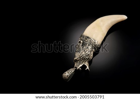Large carved stylish natural decoration on the neck, amulet, necklace, pendant made of a bear fang, mammoth tusk, walrus bone with silver accessories. Jewelry on black background. Space for the text.