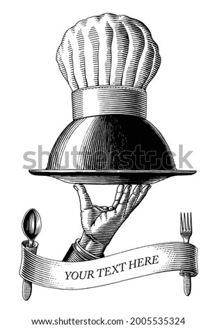 Hand holding food tray with chef hat drawing vintage engraving style black and white clip art isolated on white background