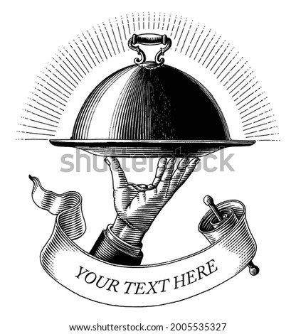 Hand holding food tray drawing vintage engraving style black and white clip art isolated on white background