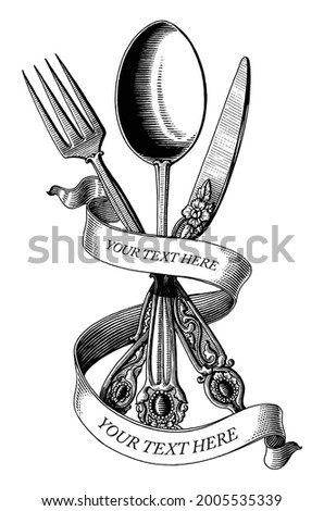 Cross of spoon fork and knife hand draw vintage engraving style black and white clip art isolated on white background