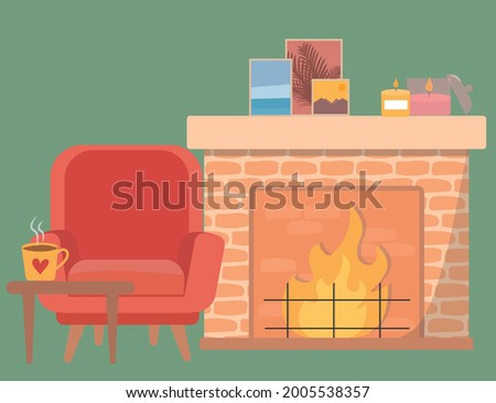 Living room with fireplace and red chear. Classic style furniture and burning fireplace vector illustration. Royalty-Free Stock Photo #2005538357