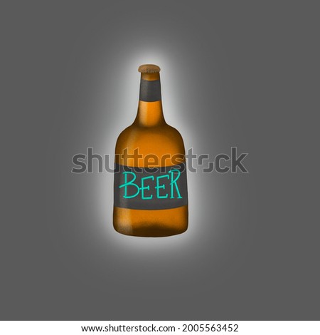 Art illustration of a bottle of beer in color with a label, 3d - image on gray background